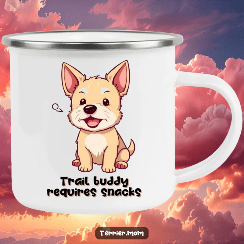 Funny terrier camping mug featuring a dog barking from a speech bubble, durable and humorous for outdoor adventures, a delightful funny gift.