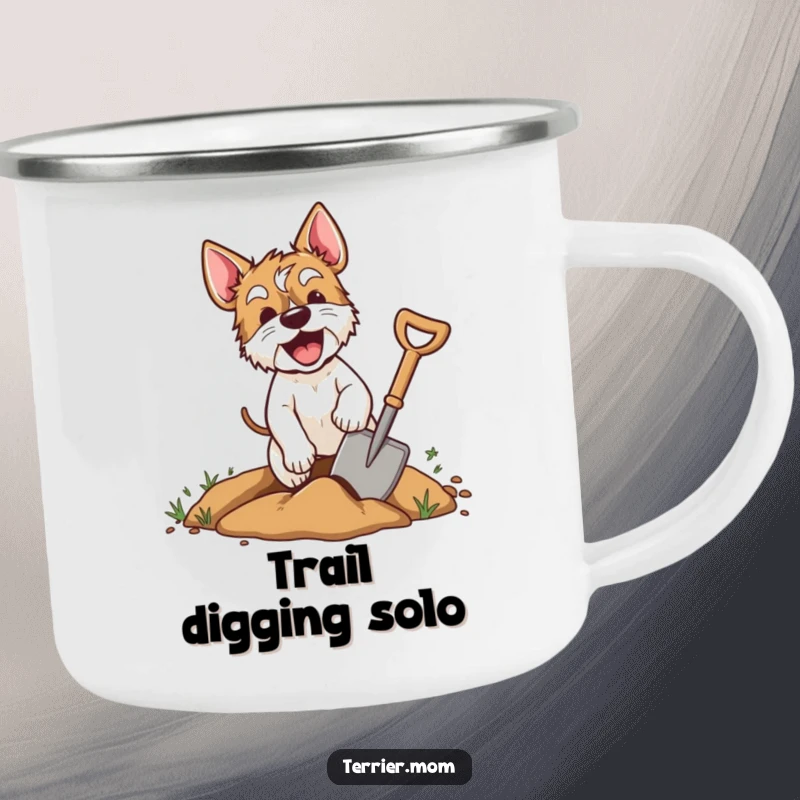 Funny terrier camping mug showing an excited dog digging with a shovel, for enjoying drinks during outdoor escapades with a humorous touch.