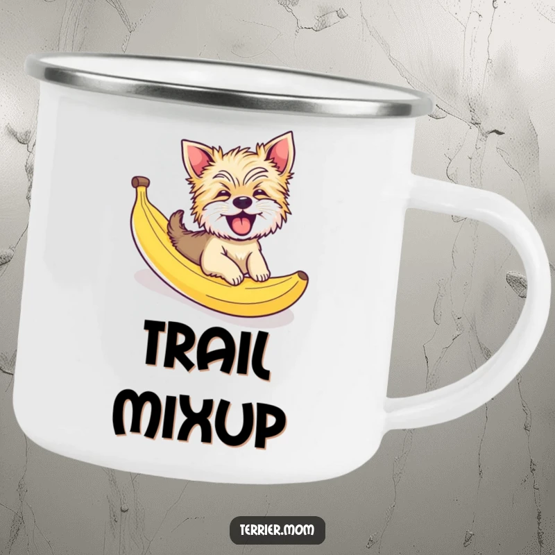 Funny camping mug featuring a giggling Terrier dog sliding down a banana peel, perfect for outdoor humor.