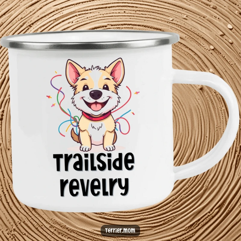 Funny camping mug with a grinning terrier holding colorful streamers, durable and humorous for outdoor celebrations.