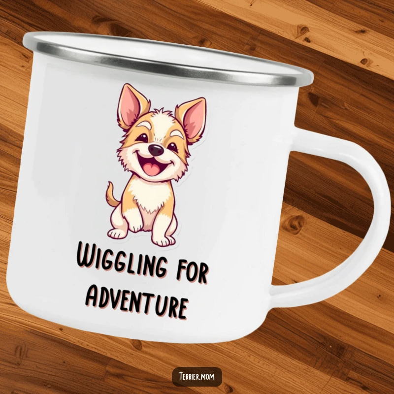 Funny terrier with floppy ears doing a full-body wiggle of excitement on a rugged enamel camping mug, perfect for happy outdoor moments.