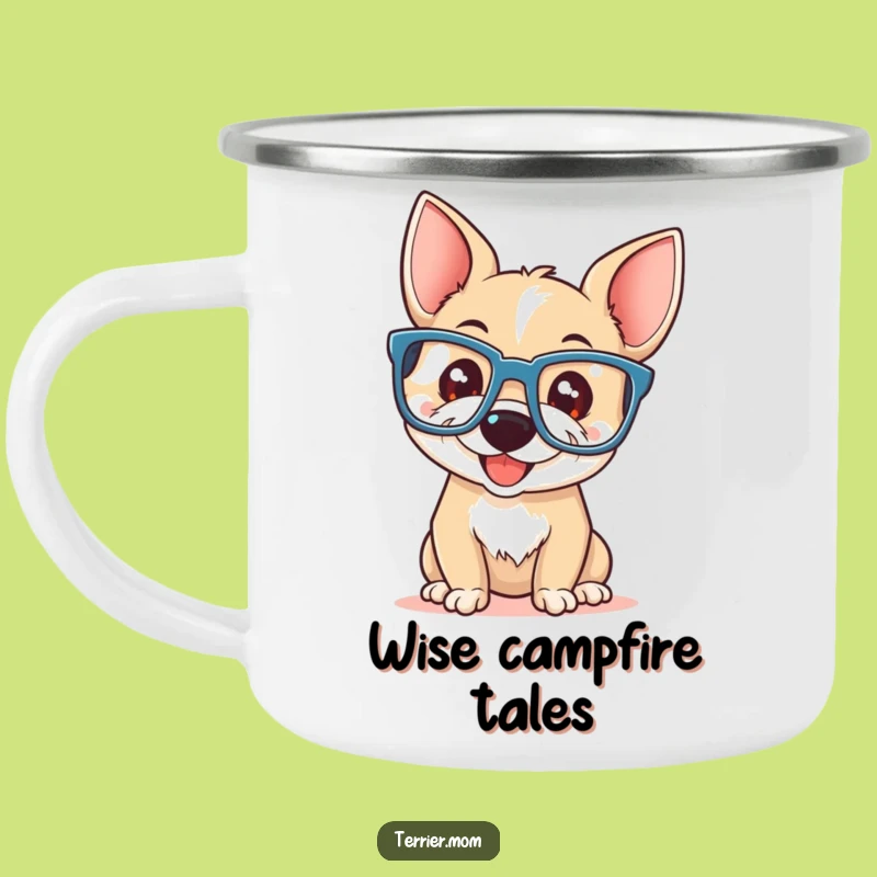 Funny Terrier Glasses Camping Mug: Smart Dog Enamel Cup, Adventure Gift