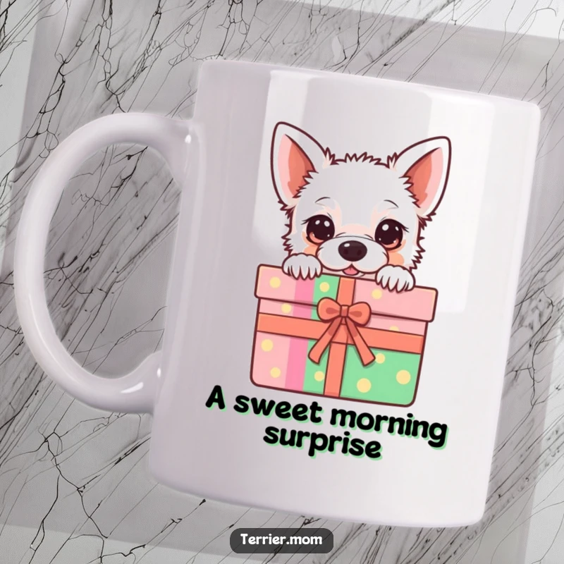 Funny Kawaii Mug featuring a cute terrier peeking out from a vibrant, colorful gift box, a charming surprise.