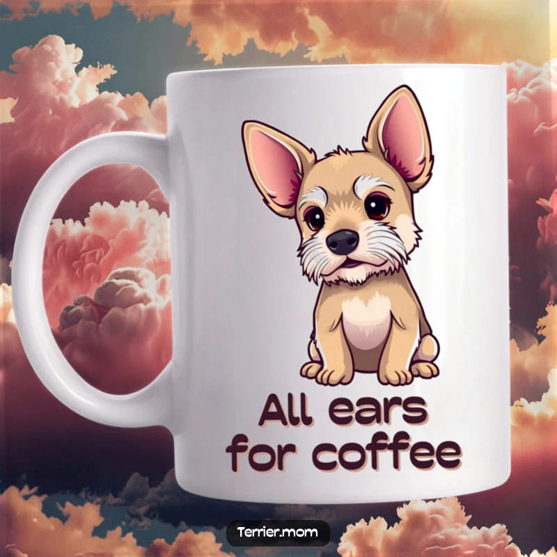 Funny terrier mug with comically oversized ears, depicted intently listening to a distant, unheard sound.