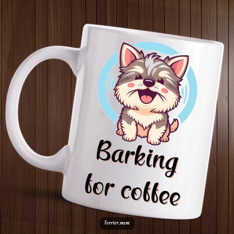 Funny Kawaii Terrier Dog Mug featuring a cute dog whose cheerful bark is visualized as a sound wave, full of boisterous energy.
