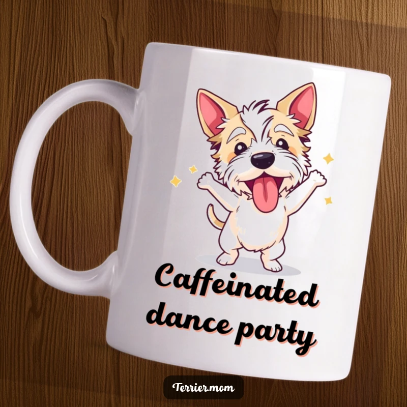 Funny terrier mug showing a dog dancing wildly with its tongue out in pure, uninhibited joy.