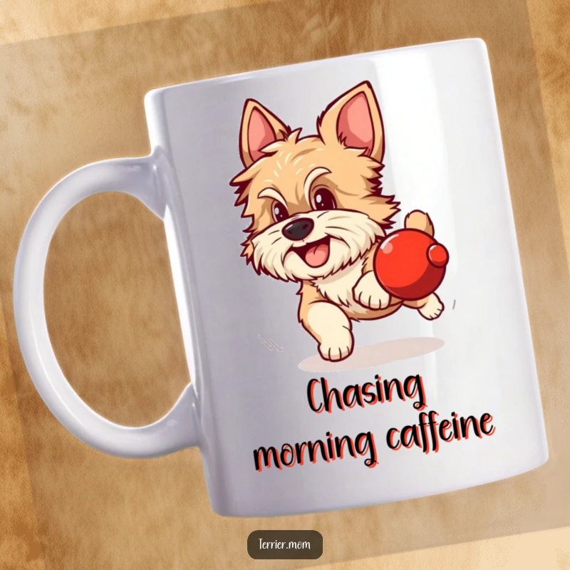 Funny mug showing a scruffy dog with alert ears excitedly chasing a rolling red ball with focus.