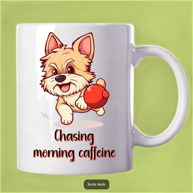 Funny Dog Mug: Scruffy dog chases red ball, excited and alert, hilarious gift.