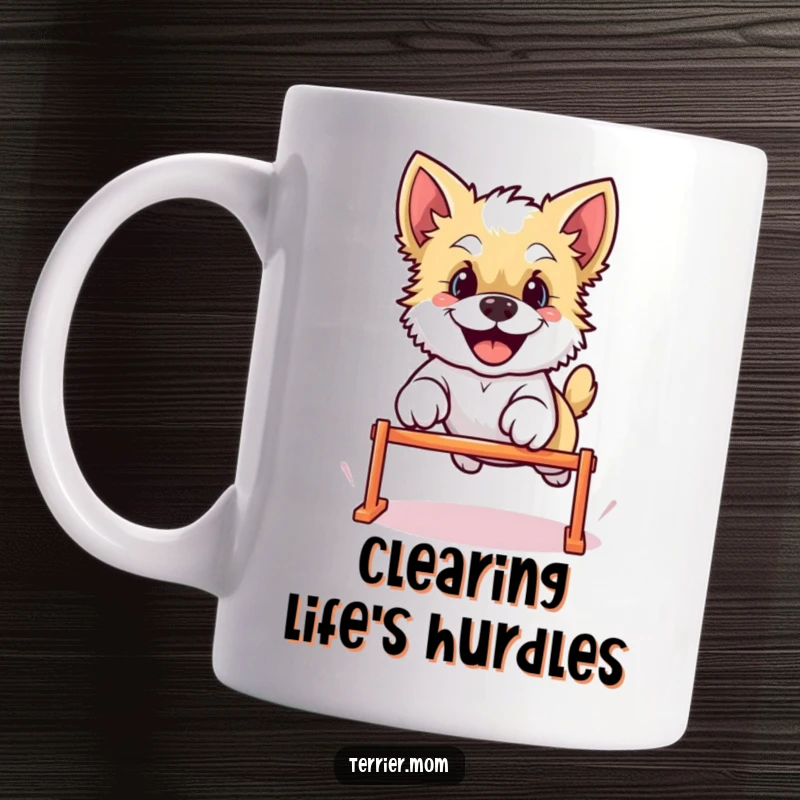 Funny Kawaii Terrier dog mug joyfully leaping over a small hurdle, showcasing pure canine delight and athletic fun.