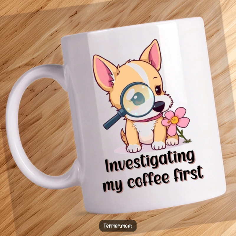 Funny terrier mug with a dog using a magnifying glass to examine a flower, highlighting curiosity and humor for a great funny gift.