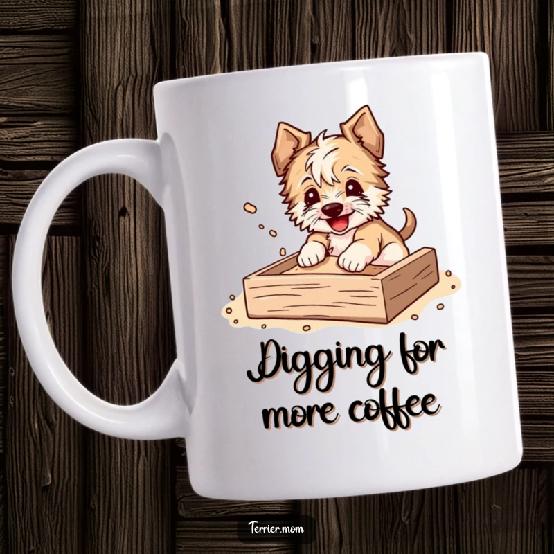 Funny Mug showing a terrier happily digging in a sandbox, sending dirt flying with pure delight and abandon.