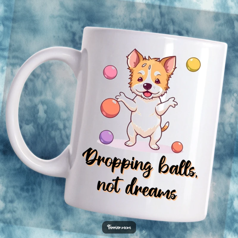 Funny terrier mug showing a dog clumsily attempting to juggle bouncy balls, with balls flying everywhere.
