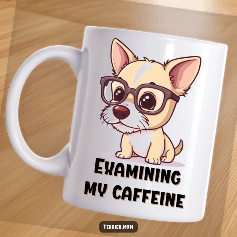 Funny terrier mug, a dog wearing oversized glasses, peering with intense curiosity at something small, looking utterly intelligent and adorable.