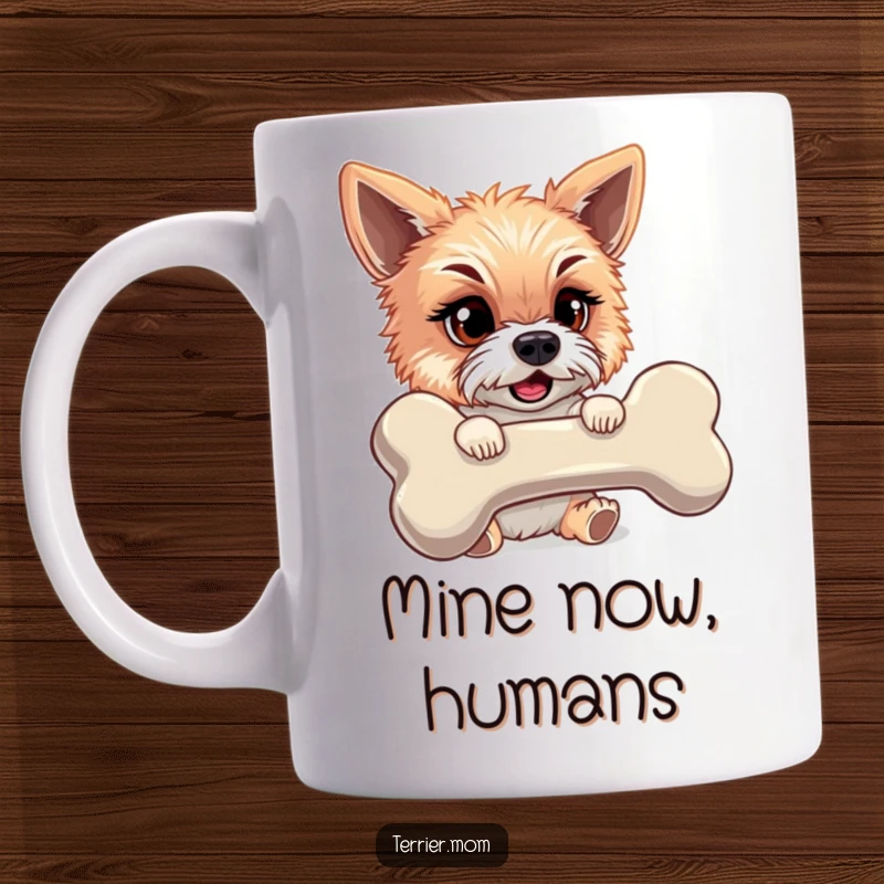 Funny dog mug featuring a mischievous terrier proudly holding an oversized bone, radiating pure, unadulterated puppy joy.