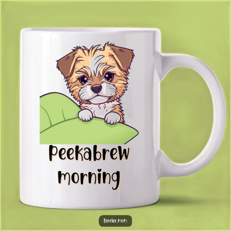 Funny Dog Mug: Tousled pup peeks curiously from leaf, adorable humor, great gift.