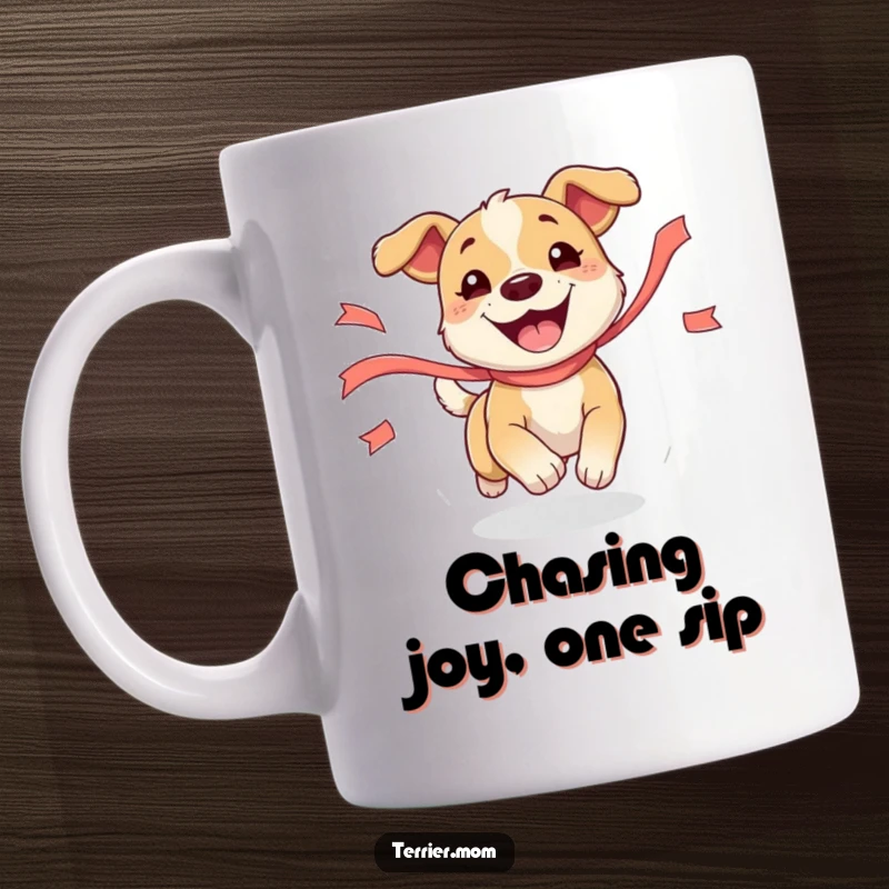 Funny Dog Mug showing a happy, lively dog bounding with excitement after a brightly colored fluttering ribbon, radiating pure joy and energy.