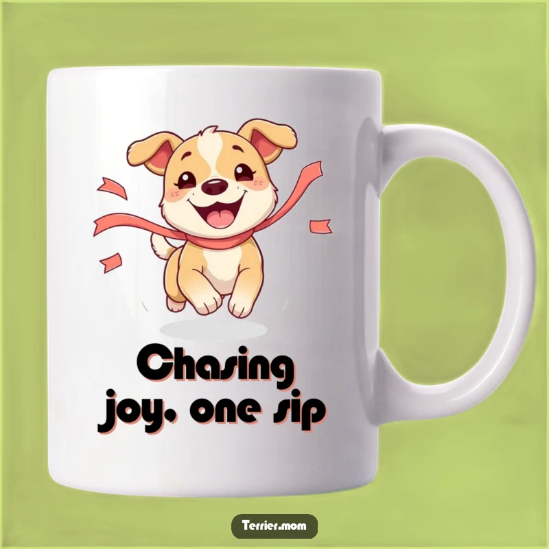 Funny Dog Running Mug: Happy Pup Chasing Ribbon, Perfect Humorous Gift