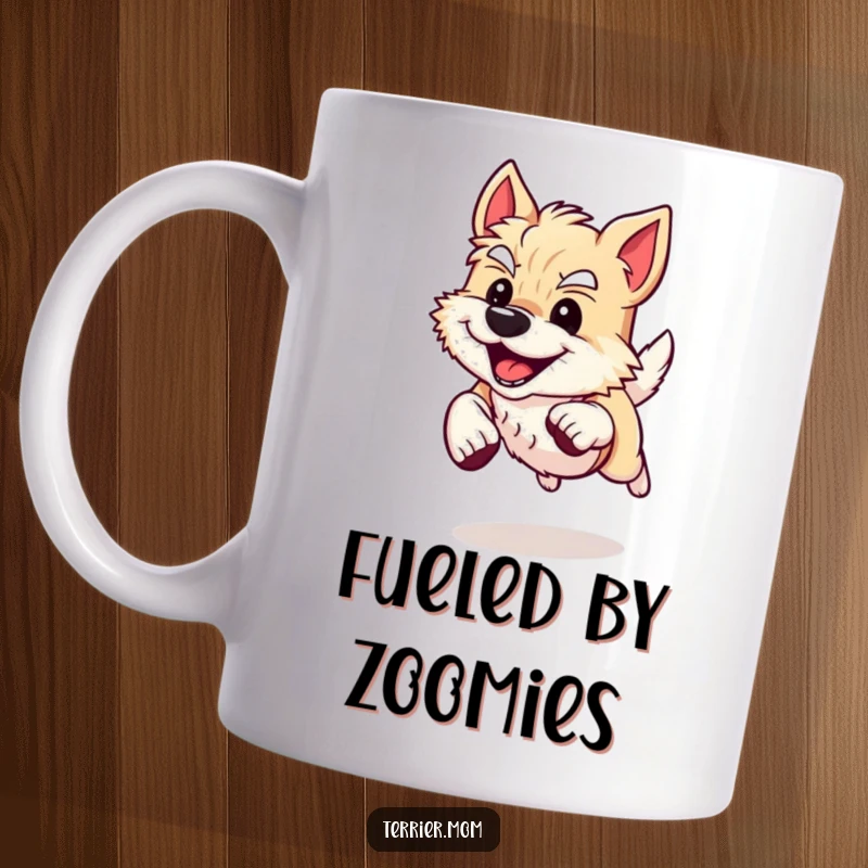 Funny Mug featuring an energetic Terrier dog sprinting with a determined, happy grin, embodying pure canine joy and zest for life.