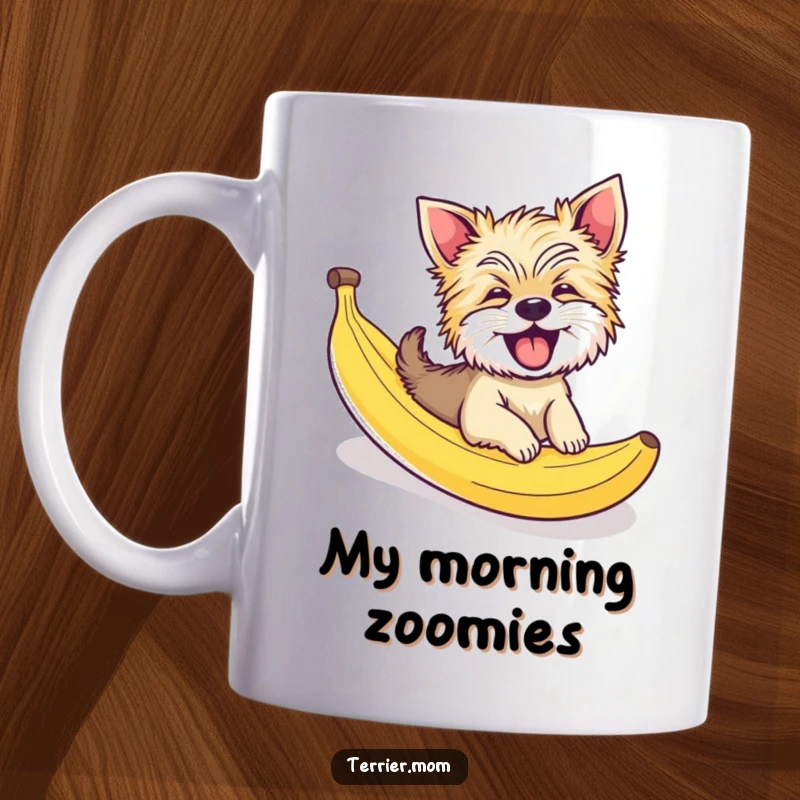 Funny Terrier dog mug, giggling with pure joy as it slides down a slippery banana peel, a comical and delightful scene.