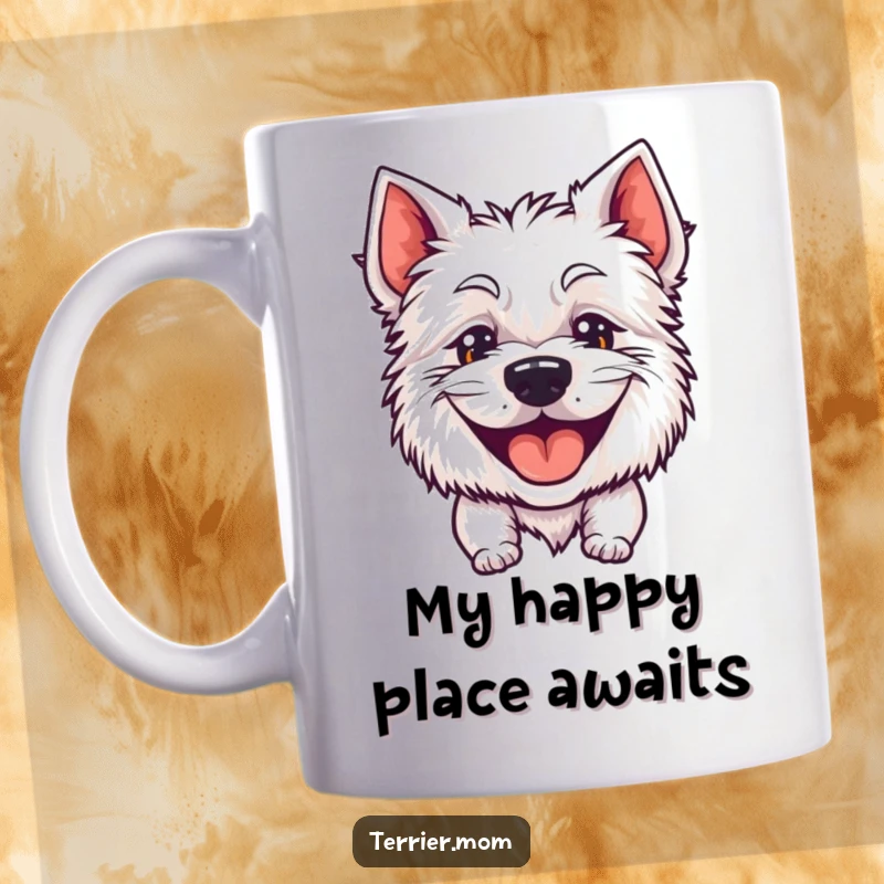 Funny mug showcasing a terrier's big, goofy, happy grin as it pants with pure joy, perfect for dog enthusiasts.