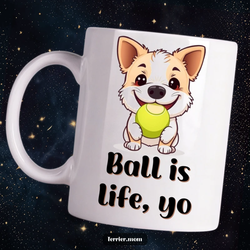 Funny terrier mug, a dog gleefully bouncing a tennis ball with its nose, sporting a wide, infectious grin of pure delight.