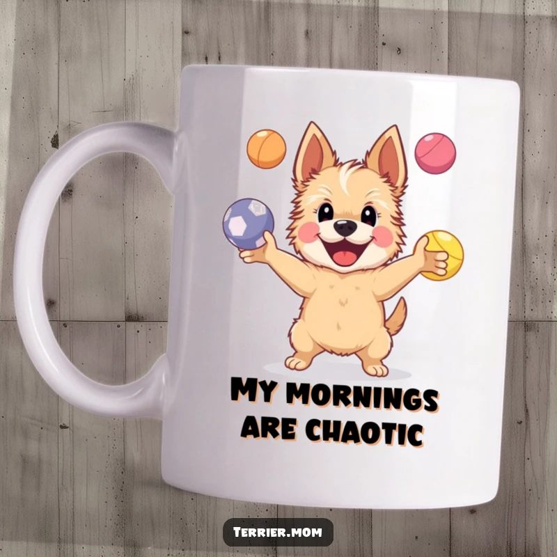Funny Mug featuring a happy Terrier dog skillfully juggling four bright, bouncing balls, showcasing impressive canine dexterity.