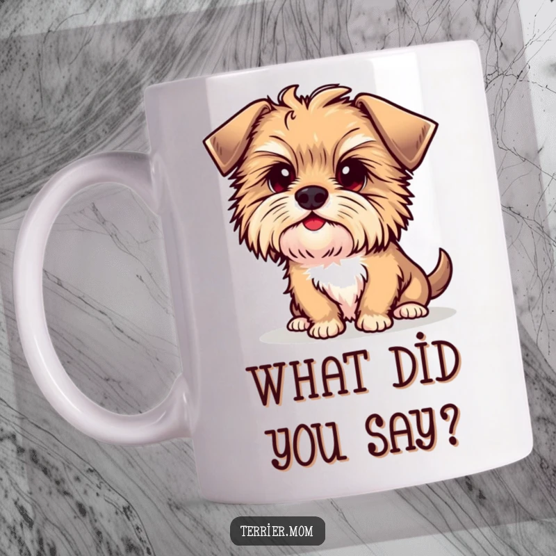 Funny Kawaii Terrier Dog Mug, a cute puppy with a curious head tilt, perfect for coffee or tea lovers.
