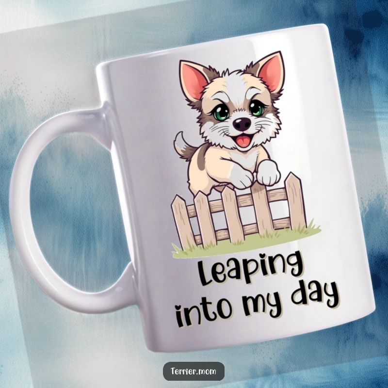 Funny leaping terrier mug showing a dog with bright eyes joyfully jumping over a small fence.