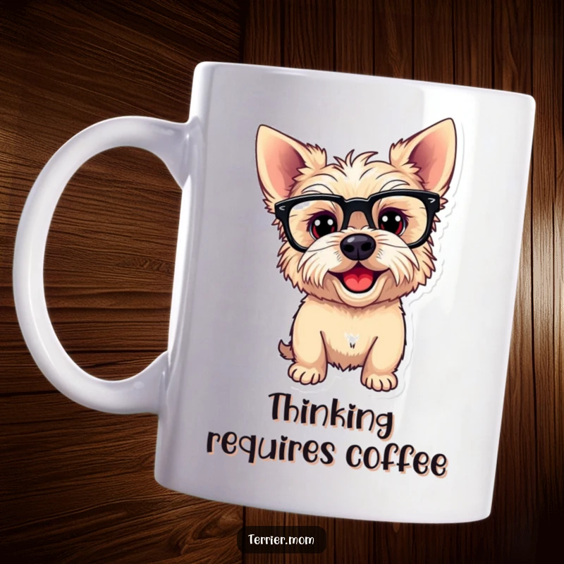Funny Mug featuring a playful Terrier dog wearing funny glasses and tilting its head with a curious, intelligent expression.
