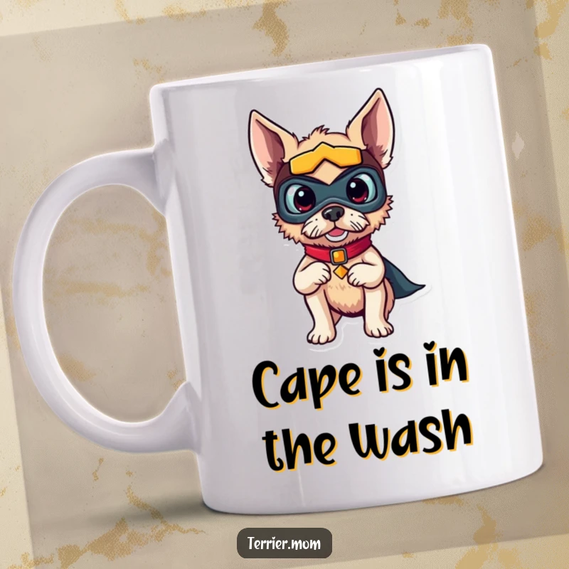 Funny mug with a brave terrier dog wearing a superhero mask, striking an epic pose ready for action.