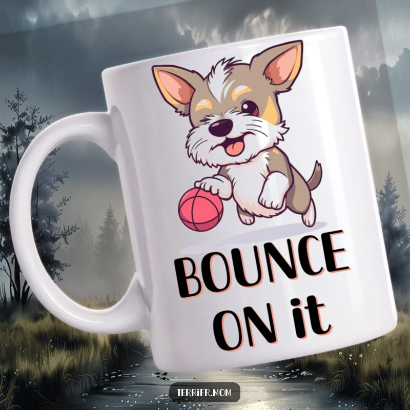 Funny Terrier mug, determined dog, large gleam, bouncing tiny bouncy ball, playful pup, humorous dog gift.