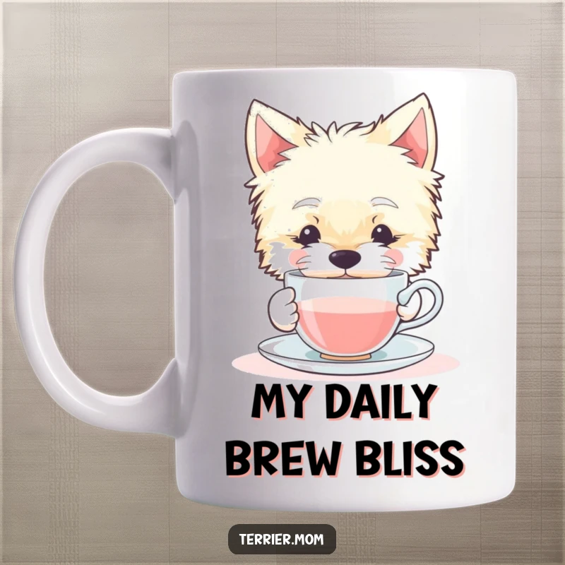 Funny mug featuring a relaxed Terrier dog gently sipping from a dainty teacup, embodying tranquility and sophisticated enjoyment.