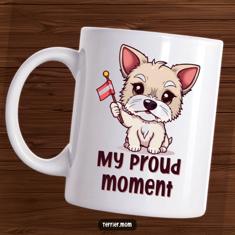 Funny Terrier mug, proud dog, holding small flag, waving it, patriotic pet, humorous gift.