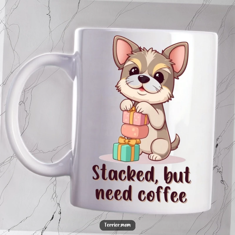 Funny terrier mug showing a dog precariously balancing a tall stack of small, round gifts, highlighting playful challenge.