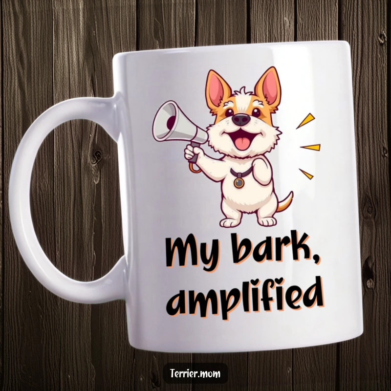 Funny mug showing an enthusiastic terrier waving a small, shiny megaphone, ready to rally and cheer, perfect for motivation.