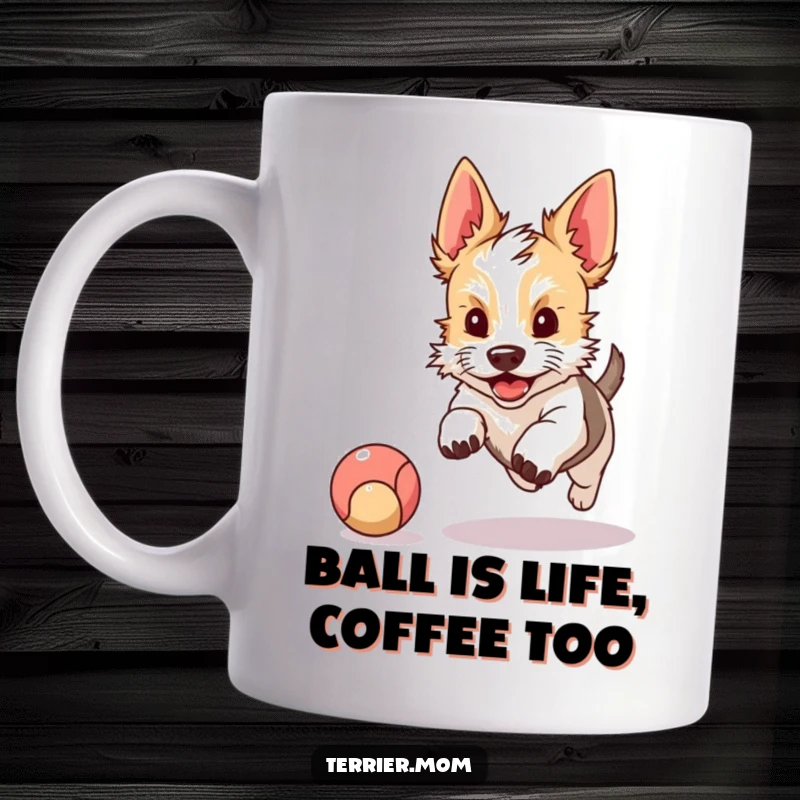 Funny mug showcasing a kawaii terrier with perky ears, eyes wide with excitement, joyfully chasing a bouncing ball, embodying pure playful energy.