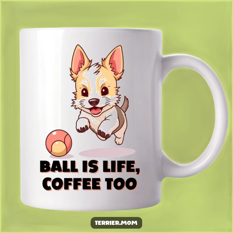 Funny Terrier Mug: Kawaii Dog Chasing Ball, Playful Gift Idea