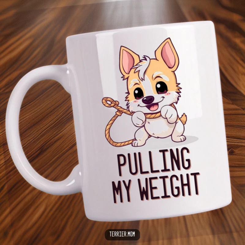 Funny tug-of-war terrier mug showing a dog happily and determinedly pulling on a rope.