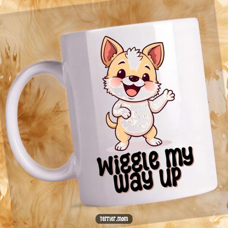 Funny mug featuring an energetic terrier doing a silly, happy wiggle dance with pure delight.