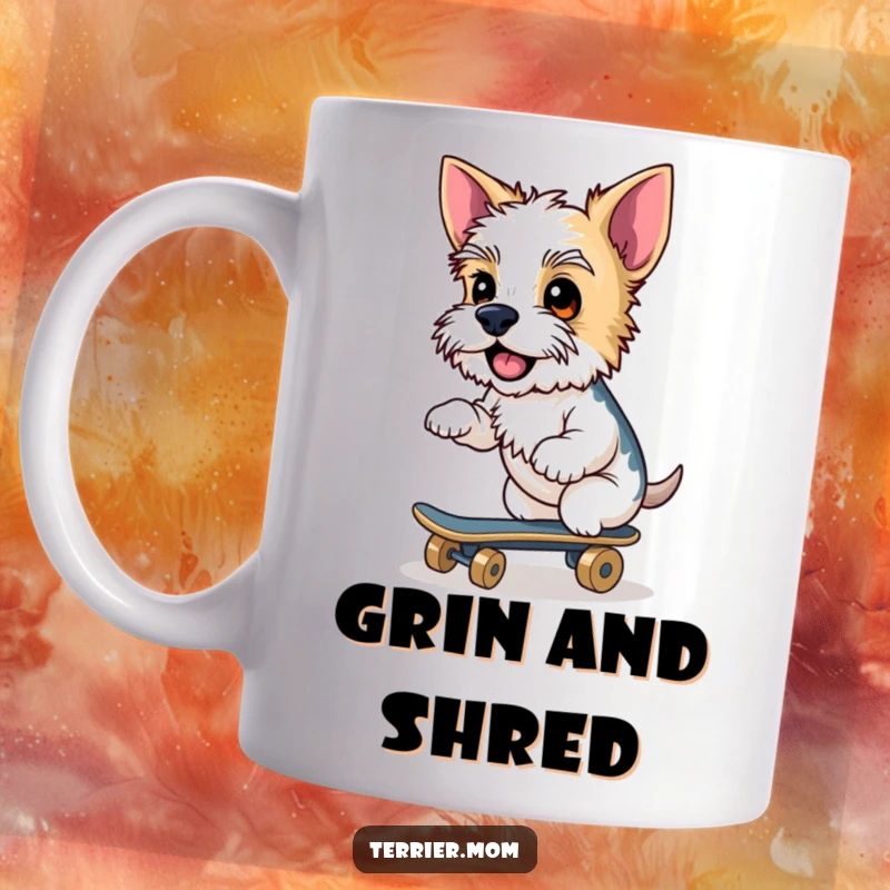Funny Terrier mug, cheeky grin dog, riding small skateboard, cool pet, humorous dog gift.