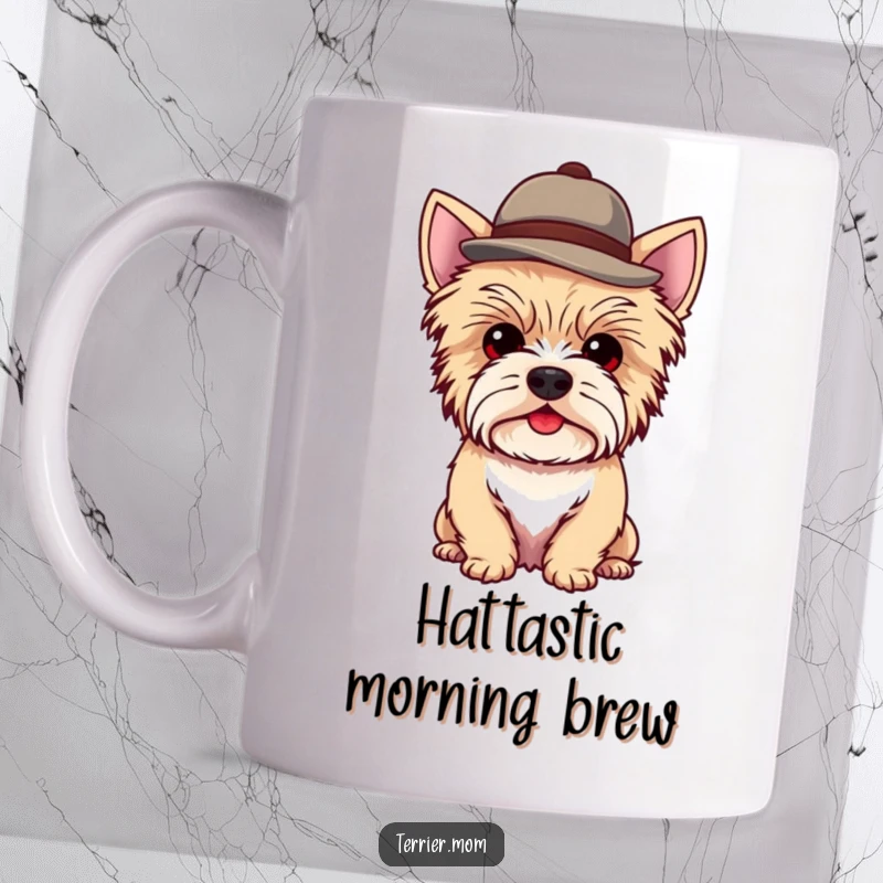 Funny Kawaii Terrier Dog Mug featuring a cute dog wearing a small, jaunty hat, looking dapper and adorable.
