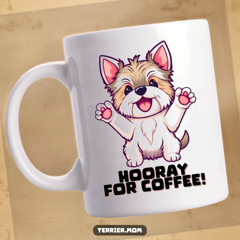 Funny Kawaii Terrier dog mug with paws raised high in a triumphant hooray gesture, expressing pure joy and celebration.
