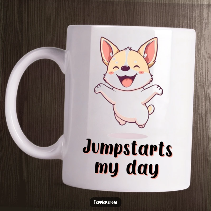 Funny mug showcasing a small, energetic dog with pointed ears playfully jumping high with pure delight.