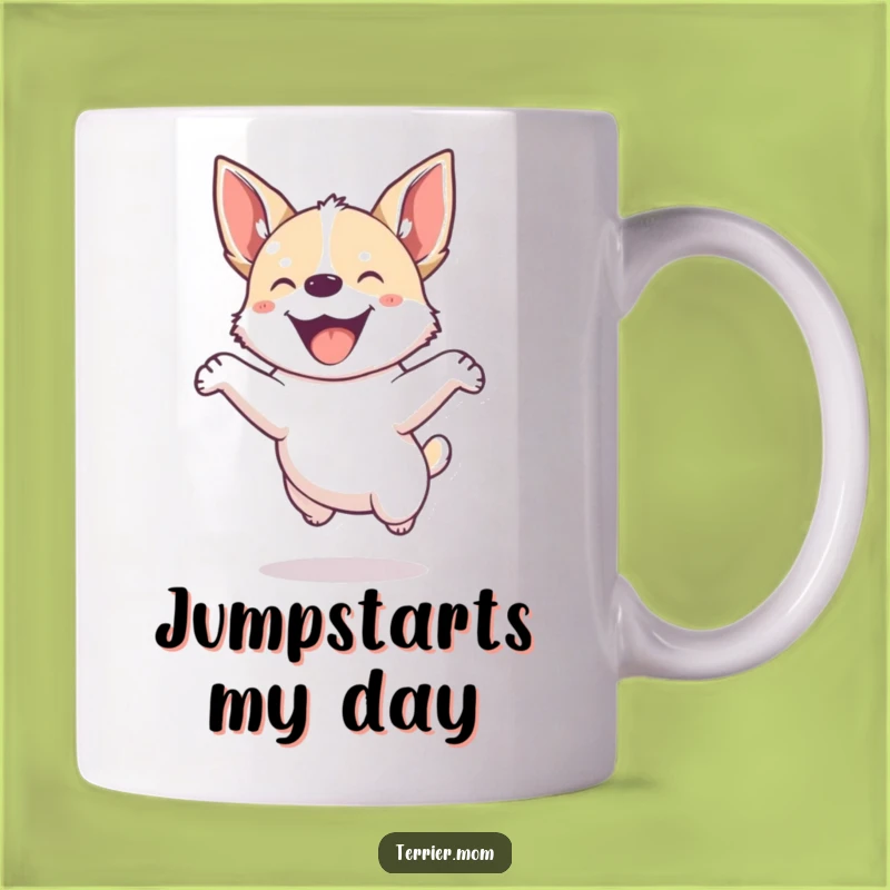 Funny Dog Mug: Energetic pup jumps with joy, pointed ears, hilarious gift.