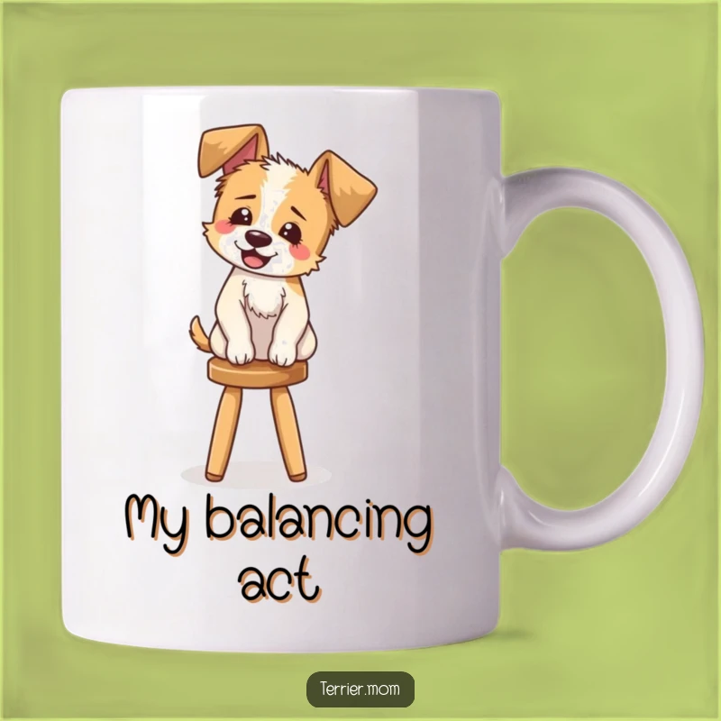 Funny Terrier Giggle Mug: Adorable floppy-eared pup balancing on a stool, a perfect funny gift.