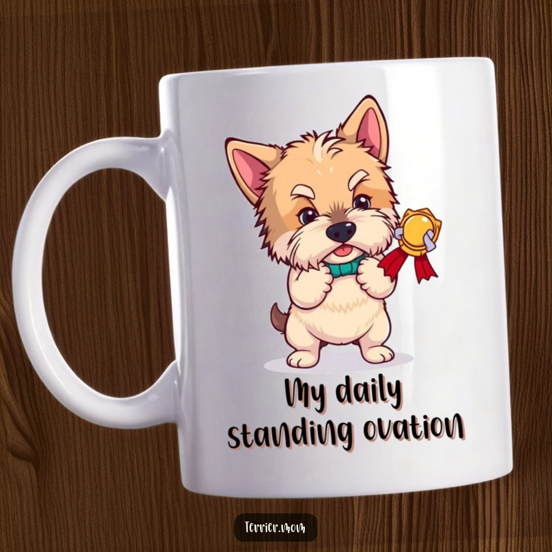 Funny terrier mug, a dramatic dog bowing with exaggerated flair, accepting an imaginary award with grace and humor.