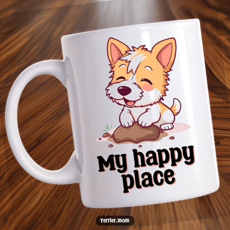 Funny Kawaii Terrier dog mug, showing a dog joyfully digging a hole, perfect for dog owners and those who appreciate playful humor.