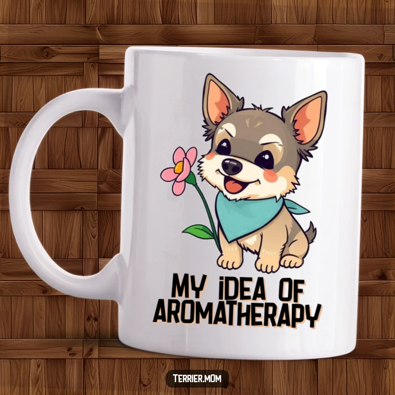 Funny terrier wearing a bandana, joyfully sniffing a vibrant blooming flower, perfect for a dog mom's coffee mug.