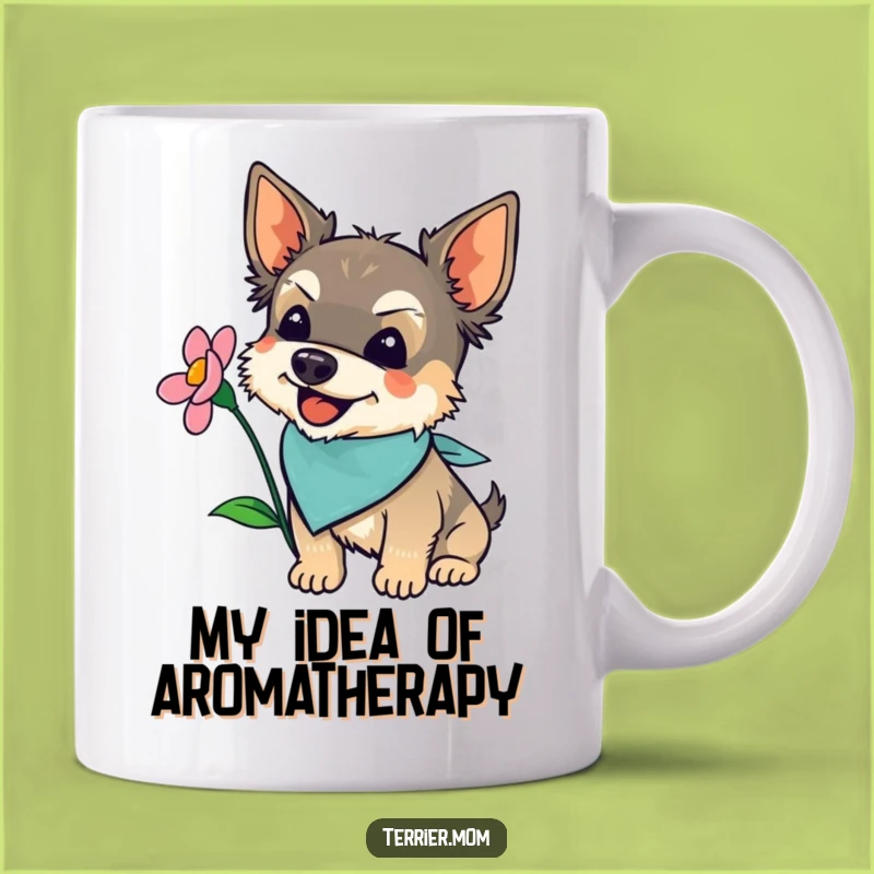 Funny Terrier Sniffing Flowers Mug: Adorable Dog Bandana Design, Perfect Gift