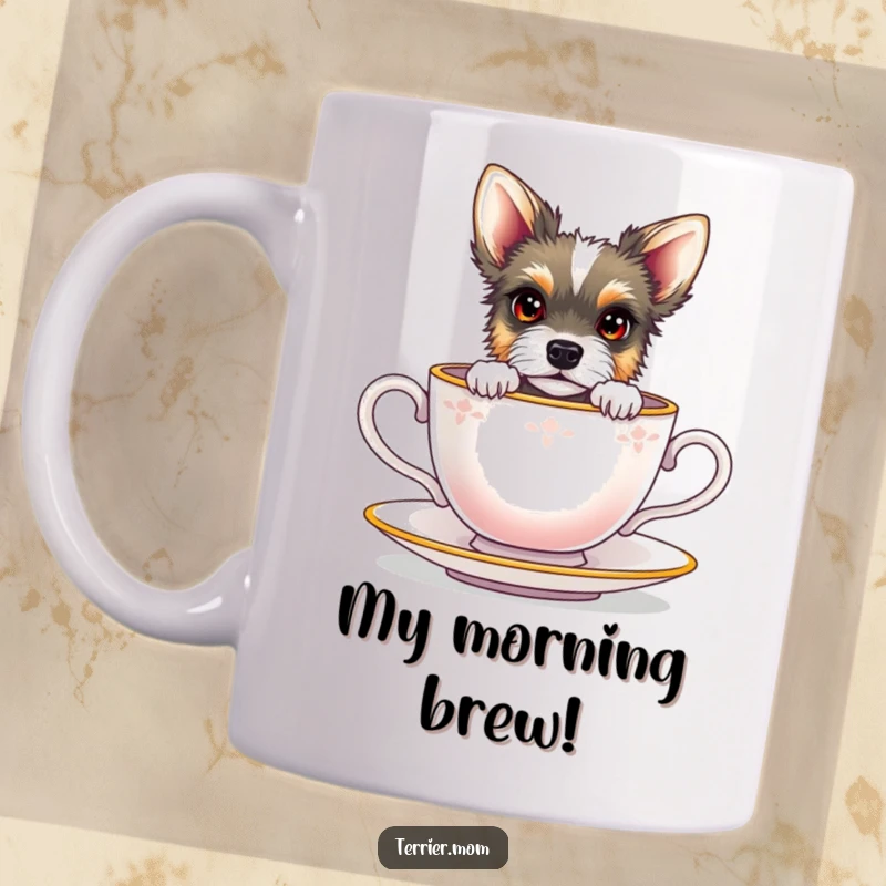 Funny terrier with bright eyes peeking out from a miniature teacup, perfect for a coffee or tea mug.